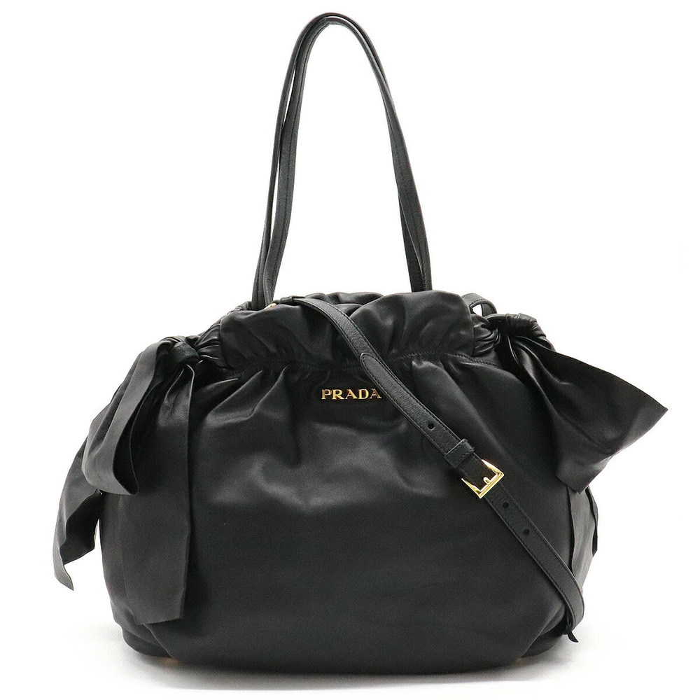 Prada Ribbon Tote Bag Shoulder Nappa Leather NERO Black